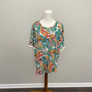 Chicos Top 100% Linen Tropical Botanical Print Fringe Puff Sleeve Travel Beach